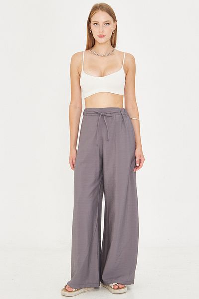 armonika Women's Gray Elastic Waist Pocketed Loose Trousers with Tie Detail Arm-25Y001077