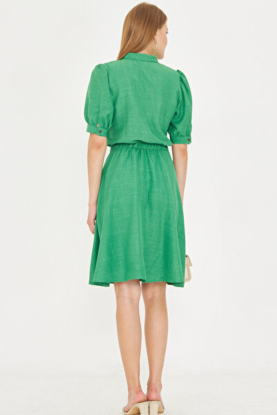 armonika Γυναικείο πράσινο φόρεμα με λαιμόκοψη V με ελαστική μέση κοντομάνικο φόρεμα ARM-25Y001001