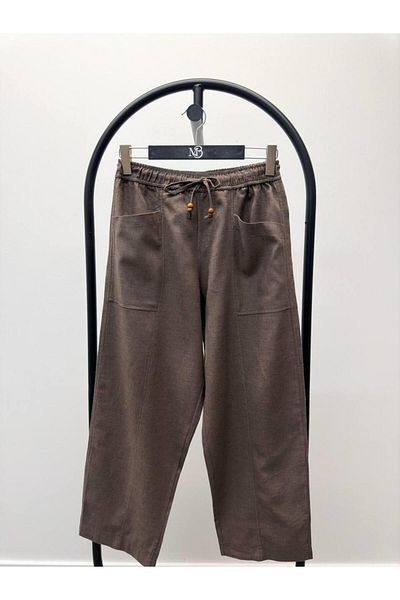 Maldia Shop Women's Elastic Waist Aegean Brown Oversize Linen Trousers