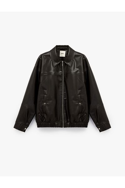 Koton Zippered Long Sleeve Pocket Detailed Faux Leather Oversize Jacket