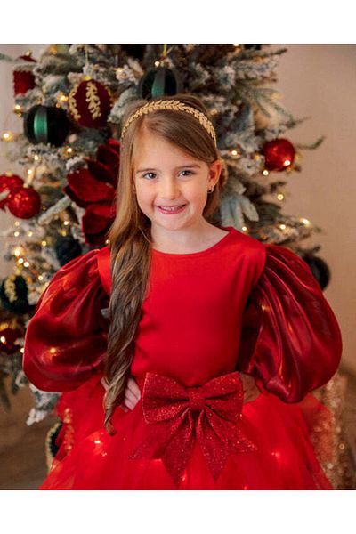 fustite cu luminite Red Taffeta Crop Top With Puff Sleeves - 5-6 Years (110-116 CM)