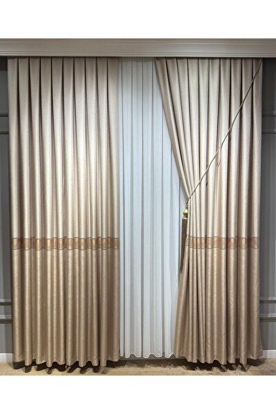 SAYDEMİR HOME Krem Vizon Gold Simli Desenli Fon Perde - Lüks Dikişli, Korniş Uyumlu, Tek Kanat Pano Fon