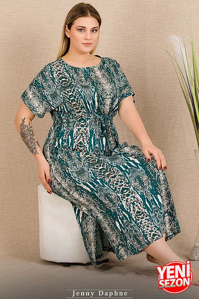 Jenny Daphne Viscose Fabric Large Size Patterned Slit Short Sleeve Dress Nightdress Battal 7287