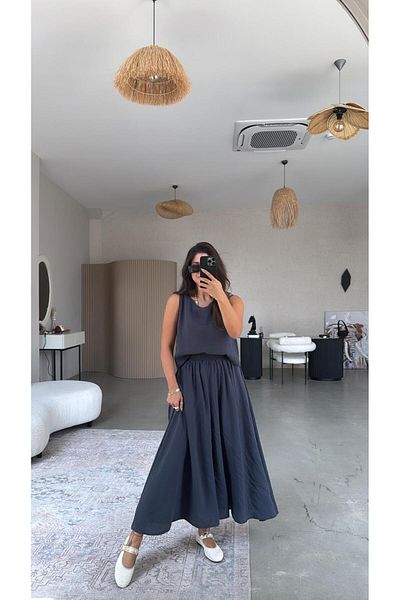 Buket Teke Anthracite Skirt Blouse Draped Suit