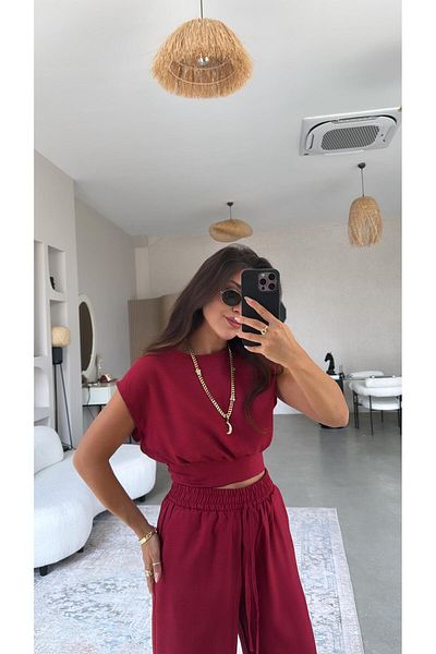 Buket Teke Burgundy Belt Detailed Trousers Blouse Set