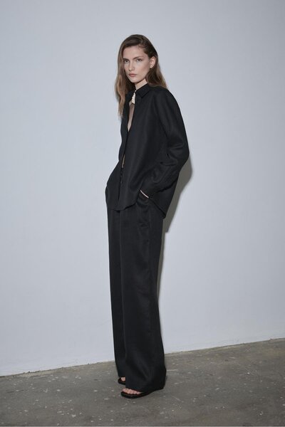 Suud Collection Black 100% Linen Nora Pleated Trousers