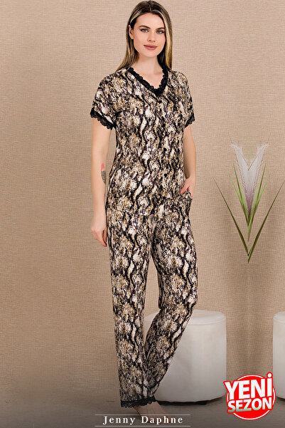 Jenny Daphne Lady Patterned Pajamas Lace Top Button Sleeve Leg Lace Short Sleeve Pajamas Set 12481