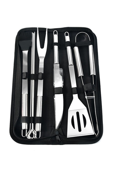 Aptel Set 10 ustensile gratar, cu husa, otel inoxidabil, argintiu, 38.5x12x 5 cm