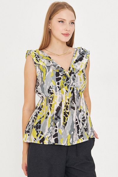 armonika Women's Gray V-Neck Ruffled Collar Elastic Waist Blouse Arm-25Y001076