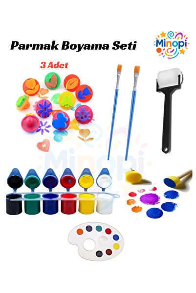 Minopi 6x25 ml Parmak Boyası, 3 Adet Eva Baskı, Ponpon Fırça, Sünger Rulo, Palet, Fırça Çocuk Boyama Seti