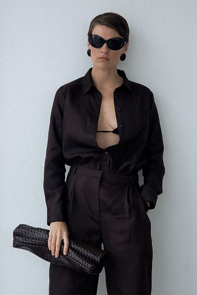 Suud Collection Brown 100% Linen Nora Pleated Trousers