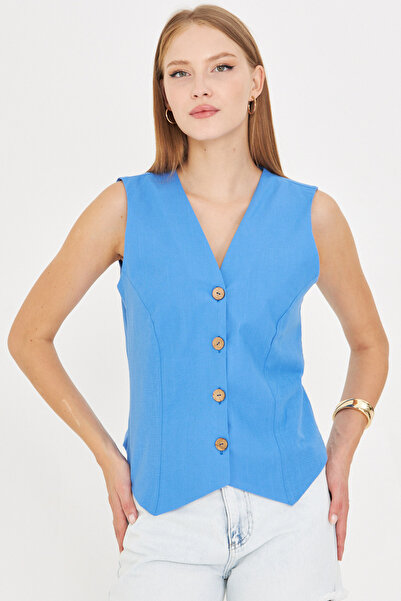 armonika Жіночий синій жилет з V-подібним коміром, облягаючий силует, з підкладкою під виглядом льону ARM-24Y001111