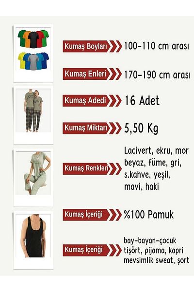 Yiğit Kumaş Single Jersey Fabric Combed Cotton Set, 16 Pieces with Lengths between 100-110 cm