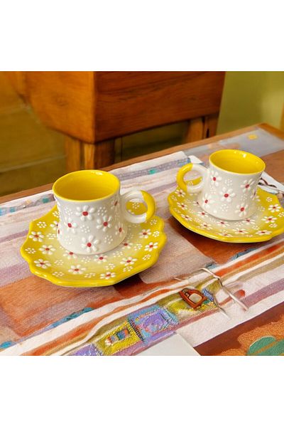 WPAWZ Handmade Embossed Flower Patterned Cup Set for 2 People