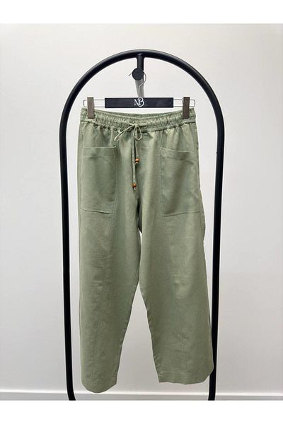 Maldia Shop Women's Elastic Waist Aegean Khaki Oversize Linen Trousers