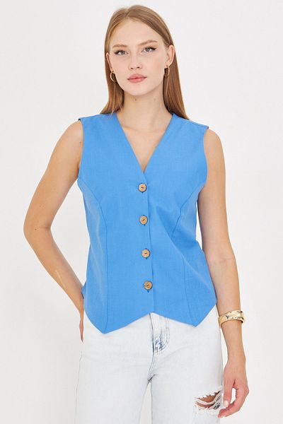 armonika Women's Blue V-Neck Body Fitting Linen Look Lined Vest Arm-24Y001111