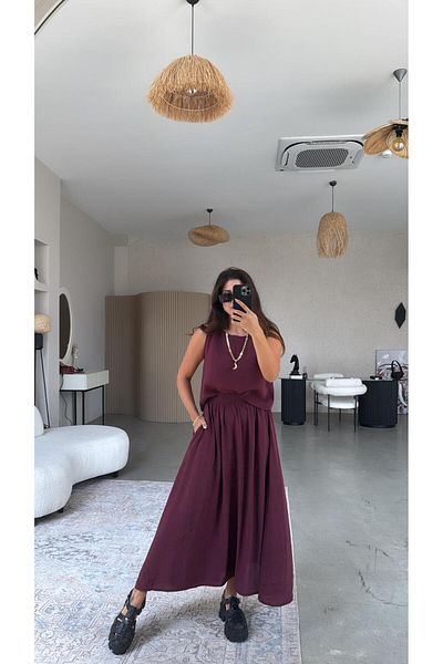 Buket Teke Burgundy Skirt Blouse Draped Suit