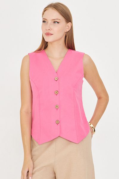 armonika Women's Pink V-Neck Body Fitting Linen Look Lined Vest Arm-24Y001111