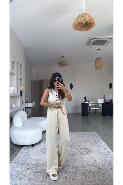 Buket Teke Beige Buttoned Vest Suit