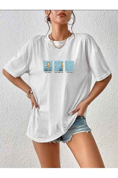 OFFSIDESIGN Unisex Oversize White Combed Cotton T-Shirt Van Gogh Humorous Design Printed T-Shirt Short Sleeve Combed Cotton T-Shirt