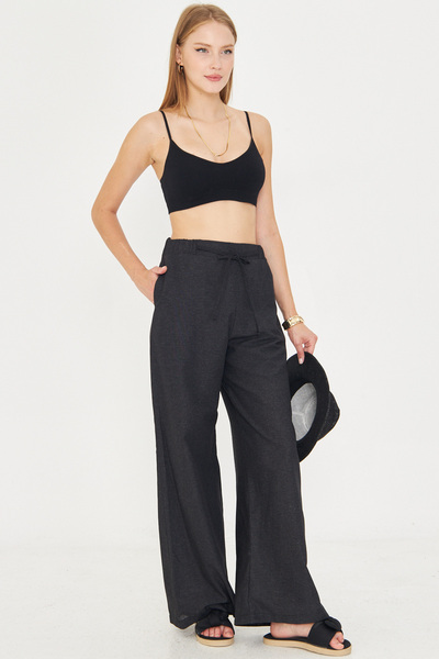 armonika Women's Black Linen Look Elastic Waist Pocket Lacing Detailed Lined Loose Trousers Arm-25Y001078