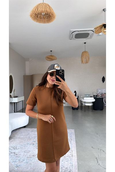 Buket Teke Brown Crew Neck Striped Dress