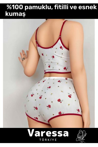 VARESSA Special Series Design Model 100% Cotton Elegant Patterned Stylish Special Daily Trend Suspender Shorts Pajama Set