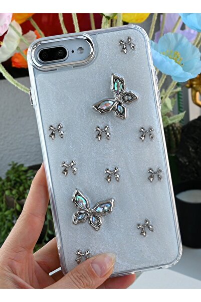 Go Aksesuar Flexible Silicone Case with Metal Butterfly Toy Design Compatible with iPhone 7 Plus and 8 Plus