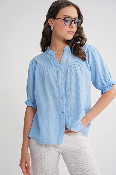 Mixray 4725 Γυναικείο πουκάμισο μουσελίνας με βολάν με κορδόνια με μανίκια μπλε