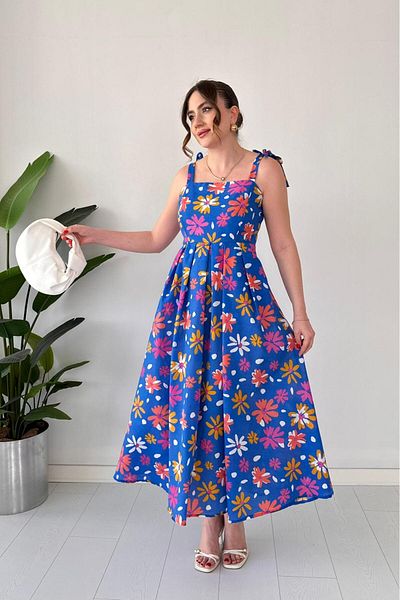 MaziButik Flower Strap Dress Saks Blue