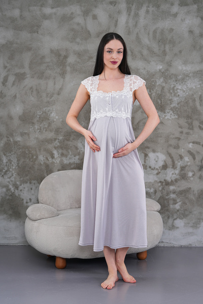 CT MODA Women's Gray Lace Summer Special Design 100% Cotton Maternity Nightgown