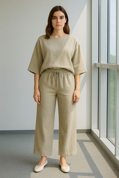 My Blog Khaki 100% Cotton Crew Neck Belted Suit - 8726