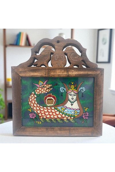 Okya Home Shahmaran Reverse Glass Painting – Handmade Wooden Frame with Birds and Pomegranate
