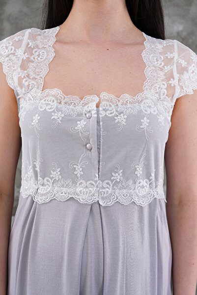 CT MODA Women's Gray Lace Summer Special Design 100% Cotton Maternity Nightgown