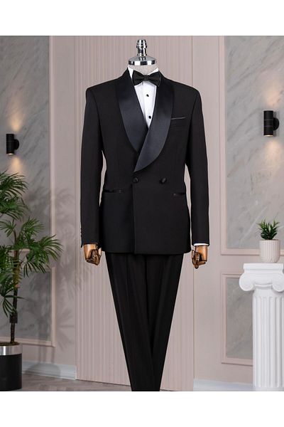 TerziAdemAltun Italian Style Slim Fit Shawl Collar Jacket Pants Groom Suit Set Black T14285