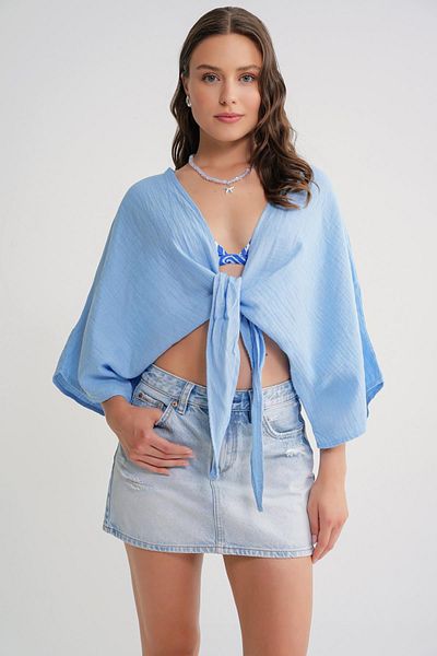 Mixray 4723 Women's Tie Front Bolero Blouse Baby Blue
