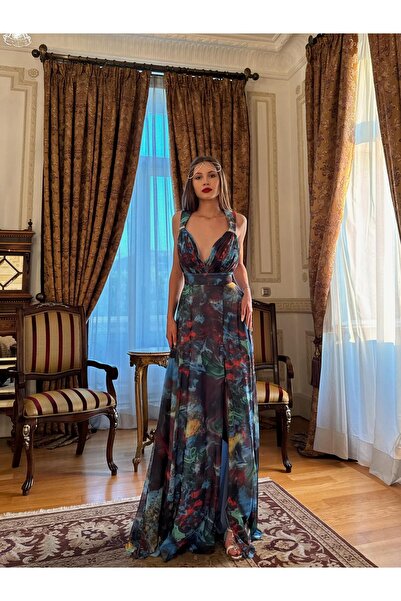 OYKUWEAR Kathia Askılı Mavi Desenli Yırtmaç Detay Abiye