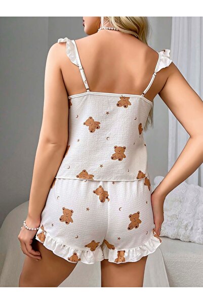 NUİTAMORE Teddy Bear Patterned Bell Fabric Shorts Women's Pajama Set – Suspender –