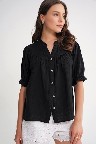 Mixray 4725 Women's Gathered Sleeve Ruffled Muslin Shirt Black