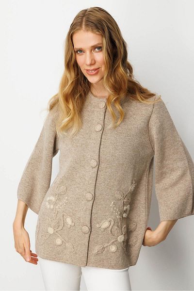 Desen Triko Women's Stand Collar Floral Patterned Short Wool Coat K.Beige