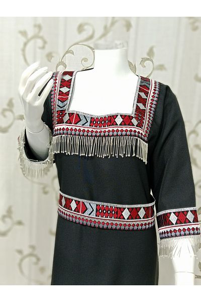 LAİN "Jordanian folkloric jalabiya with red and silver embroidery and elegant tassels - luxurious heritage design"