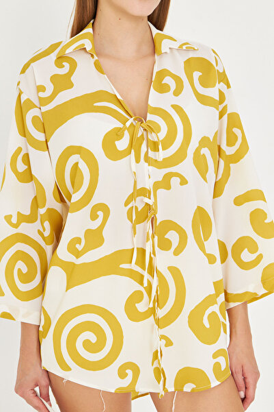 armonika Women's Yellow Shirt Collar Front Lace-Up Kimono Shirt Arm-25K001006