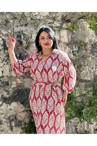 mardi exclusive Women's Plus Size Collar Embroidered Patterned Viscose Dress