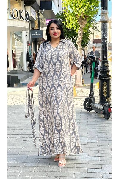 mardi exclusive Women's Plus Size Collar Embroidered Patterned Viscose Dress