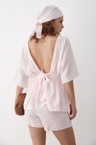 My Blog Pink 100% Cotton Back Bow Blouse Shorts Set - 30385