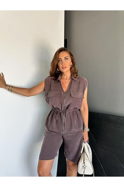 Zerrincan Giyim Coffee Vest Zippered Shorts Suit