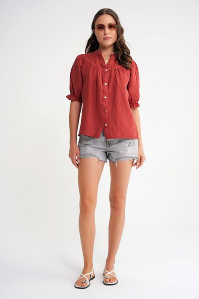 Mixray 4725 Women's Gathered Robe Sleeve Ruffled Muslin Shirt Cranberry