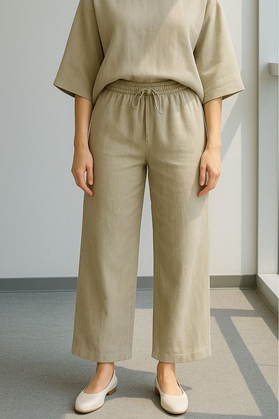 My Blog Khaki 100% Cotton Crew Neck Belted Suit - 8726