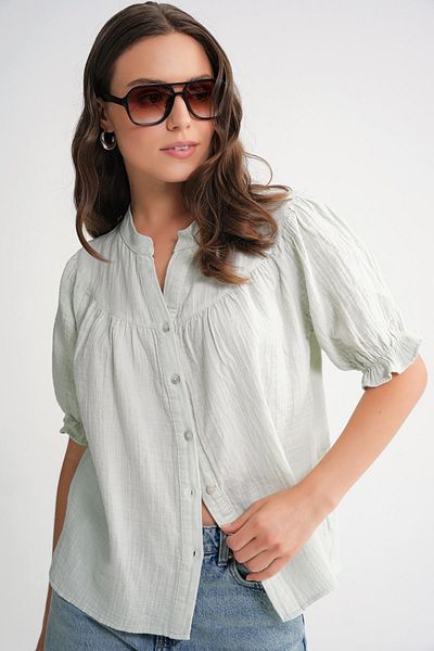 Mixray 4725 Women's Gathered Sleeve Ruffled Muslin Shirt Sage