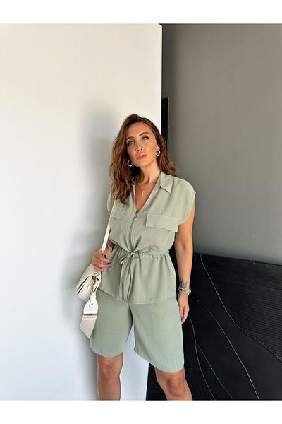 Zerrincan Giyim Khaki Vest Zippered Shorts Suit